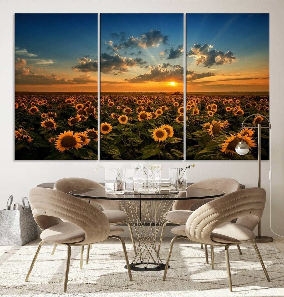 Toile d’art mural avec champ de tournesol et coucher de soleil