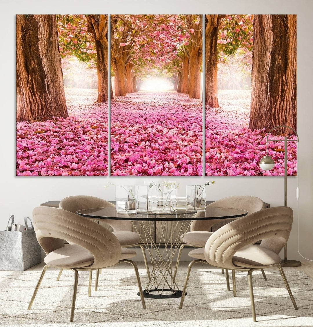 Blossom Cherry Canvas Print Walking on Pink Flowers Between Trees