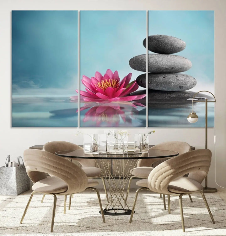 The Zen Serenity Triptych Canvas Art, featuring a lotus flower and balancing stones, perfectly captures tranquility with its serene water lily print.