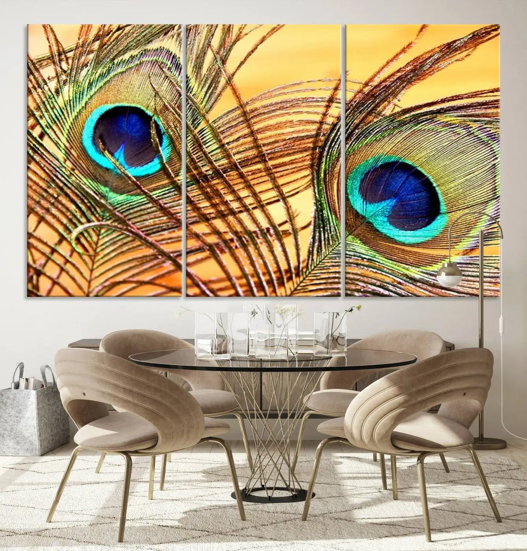 The Peacock Feather Wall Art Print, showcasing a vibrant green, blue, and orange feather design and ready to hang, adorns the space.