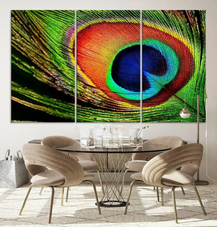 The living room features the "Colorful Peacock Feather Wall Art Print," showcasing a vibrant green, blue, and orange design elegantly displayed above a modern sofa.