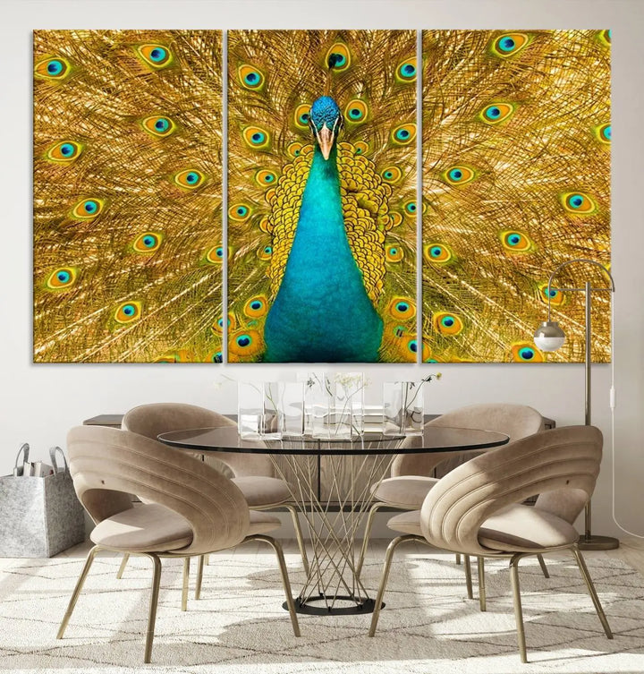 The Peacock Wall Art Canvas Print, featuring a vibrant triptych design of a peacock with intricate feather details and printed on museum-quality canvas with UV-protective coating, brings an artistic flair to the elegant space. Ready to hang, it enhances the modern living room with its striking presence.