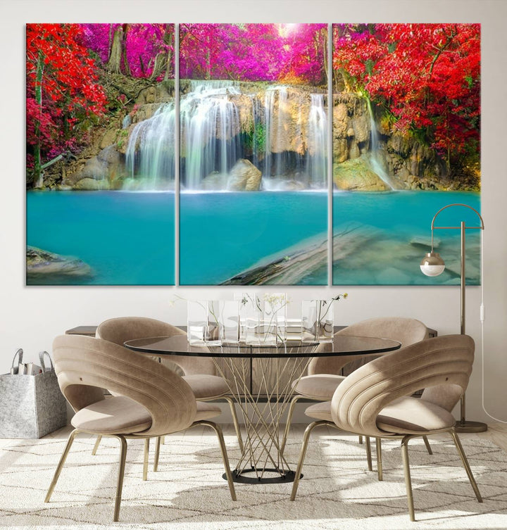 Wall Art Waterfall Landscape with Pink and Red Flowers in Forest Canvas Print