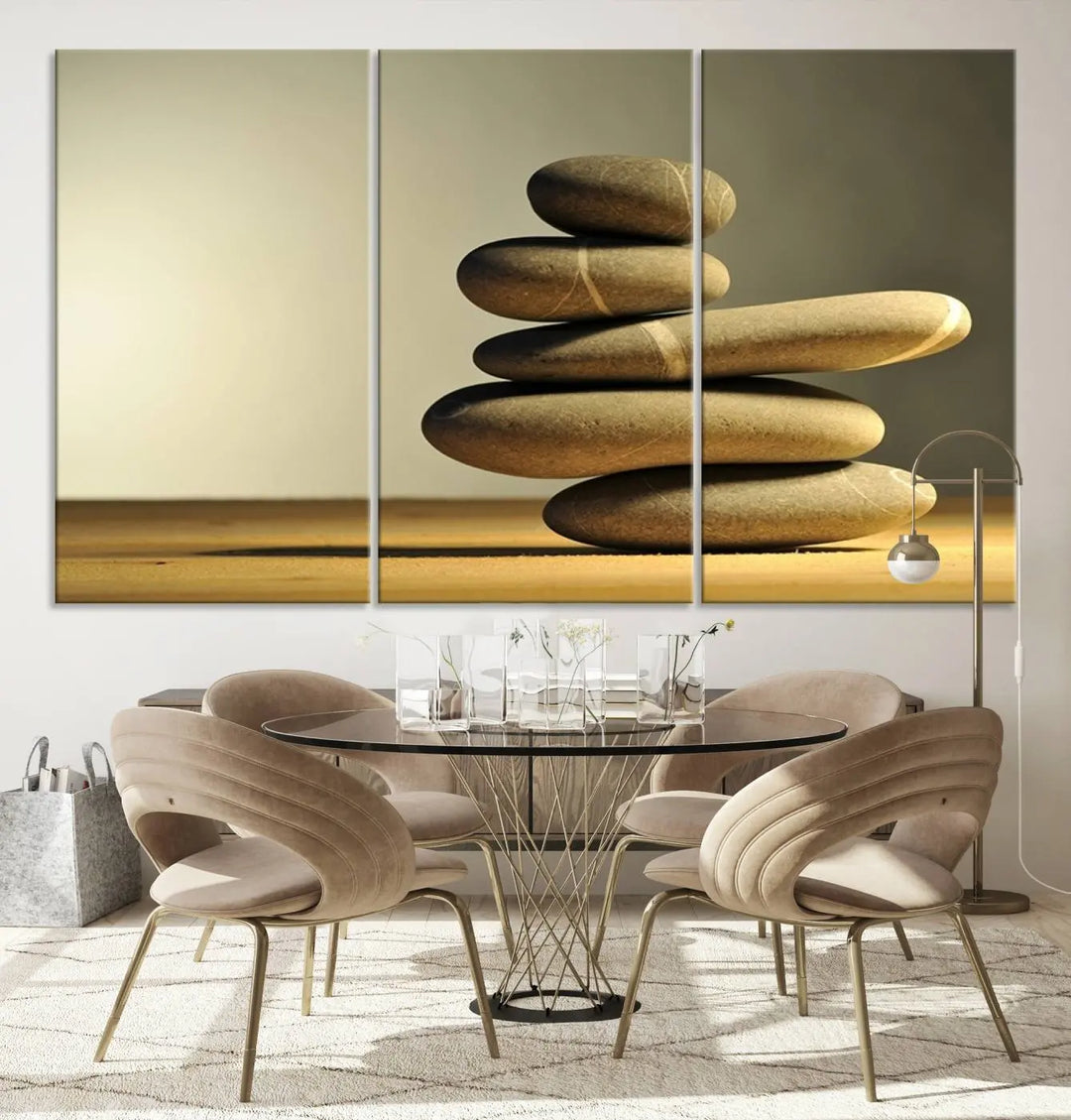 The "Yellow Zen Stones on Yellow Background Wall Art Yoga Zen Artwork," a professionally hand-assembled framed photo with UV-protective coating, is displayed on the wall.