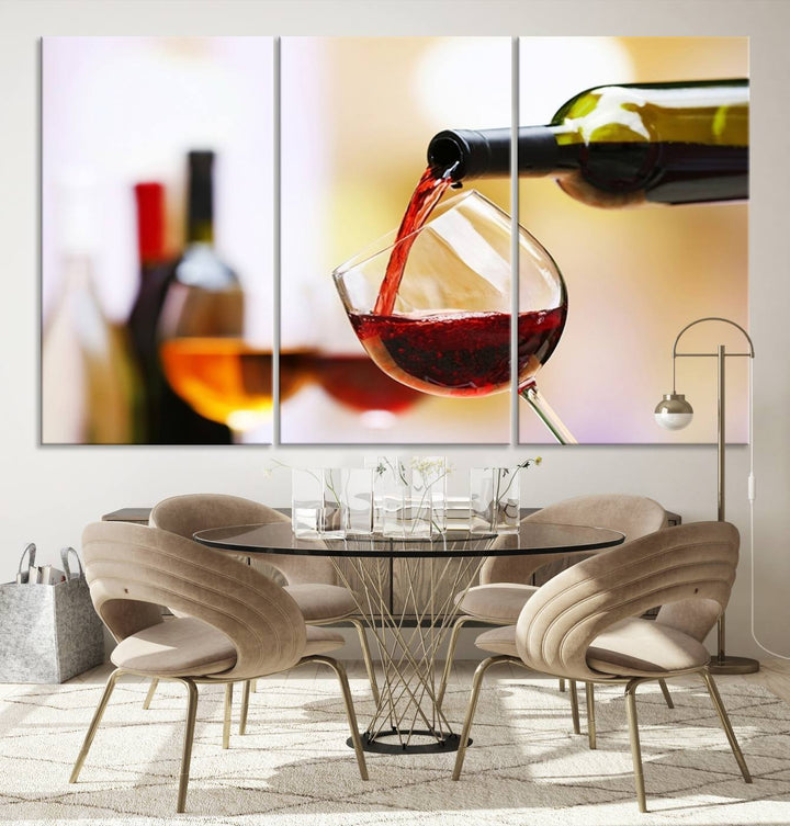 The Filling Red Wine into Glass Red Wine Canvas Print showcases a wine bottle pouring red wine into a glass. This scene, captured on museum-quality canvas, promises timeless elegance and comes with free shipping for effortless delivery to your doorstep.