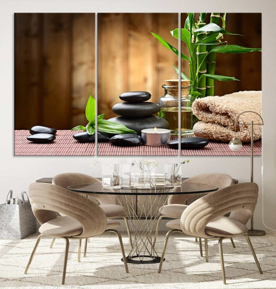 Zen Serenity Triptych Canvas Art, Pink Lotus Flower and Balancing Stones Wall Art, Tranquil Water Lily Canvas Print