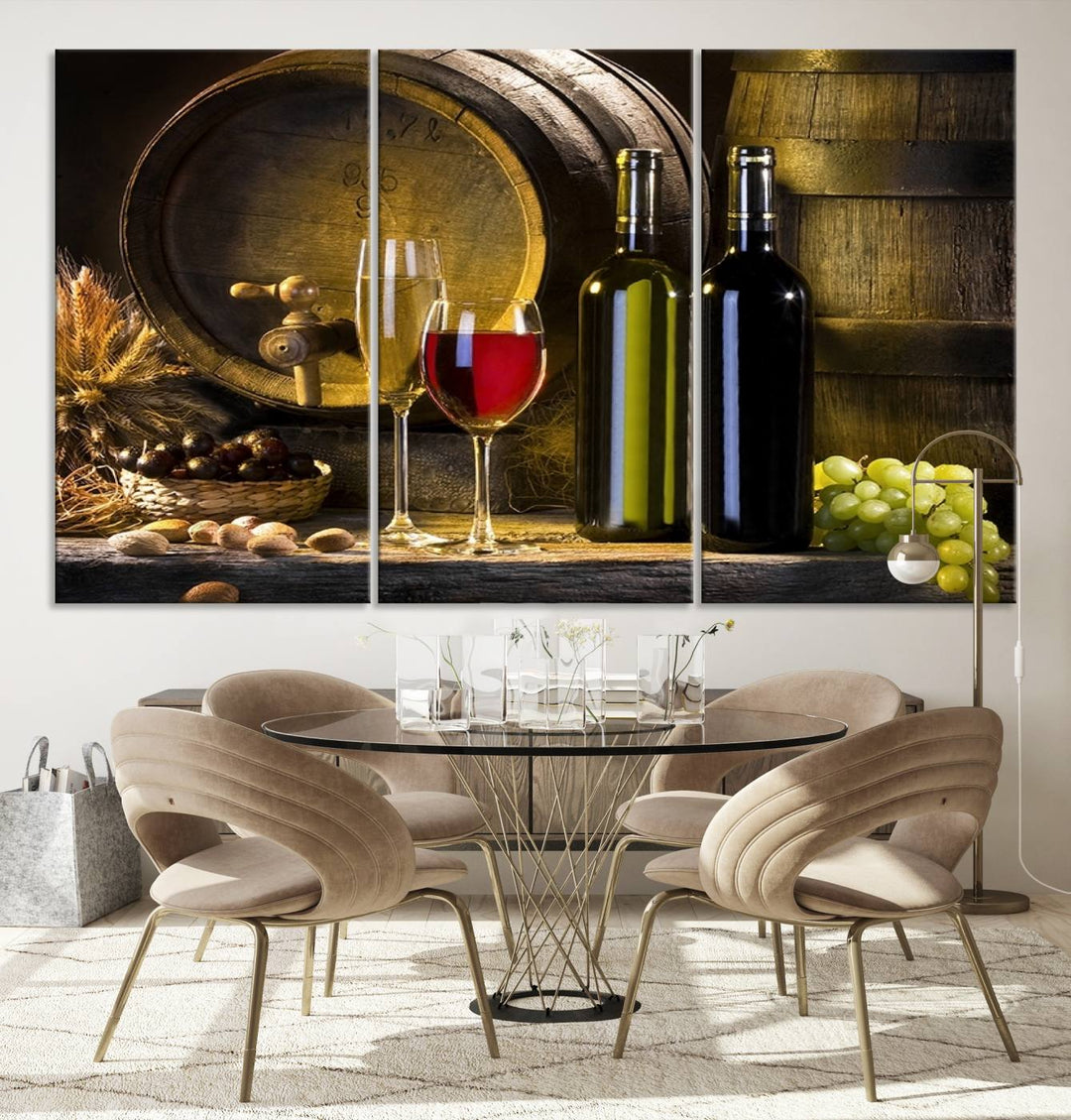 Explore the "Wall Art Red and White Wine with Bottles and Tun Canvas Print," a triptych on gallery-wrapped, museum-quality canvas. Featuring a wine barrel, bottles, and a glass of red wine, it includes a UV-protective coating for lasting vibrancy.