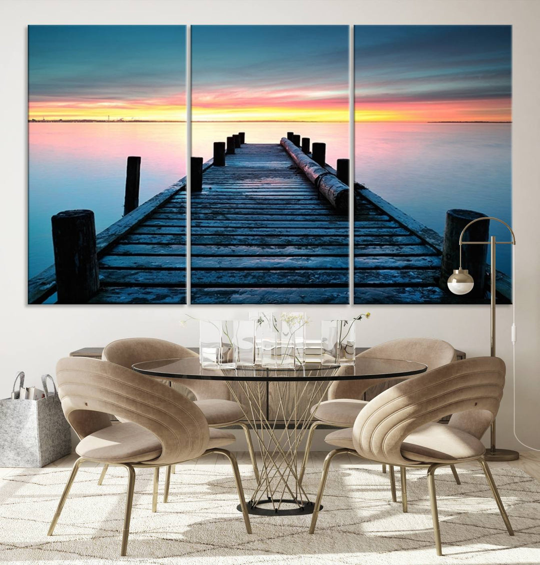 Wall Art Vintage Wooden Pier on Sea at Sunset Canvas Print