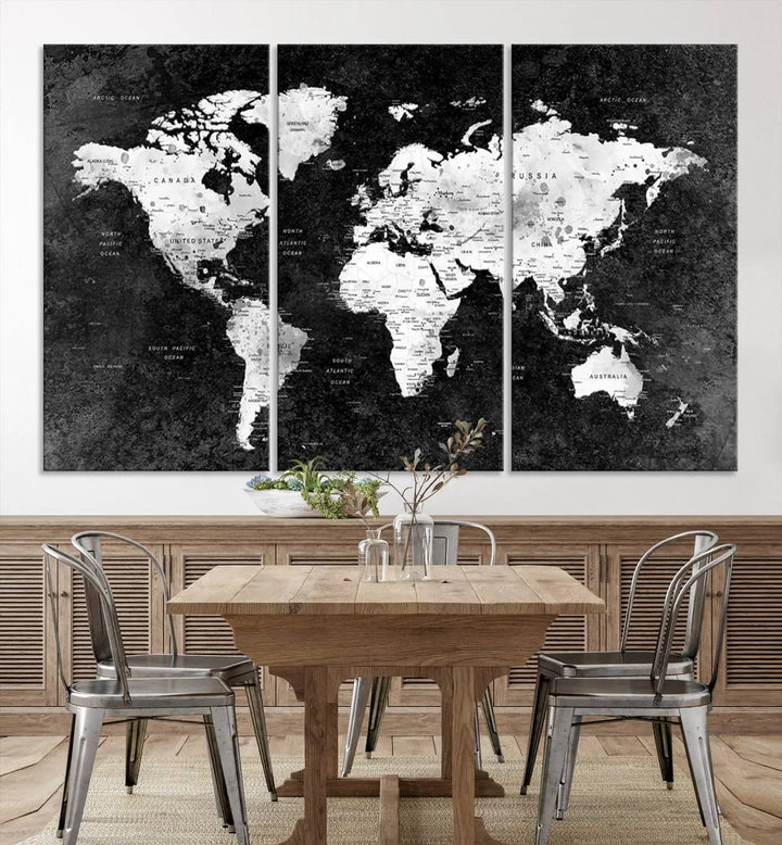 Modern Grayscale World Map 3-Panel Canvas Art | Ready to Hang, Framed | Stylish Minimalist Wall Décor for Home, Office, Living Room, or Study Spaces 