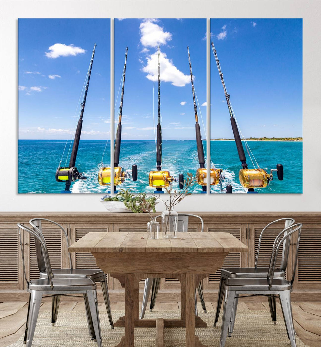 Fishing Roads on Boat Canvas Wall Art Print Ocean Seascape Art Print