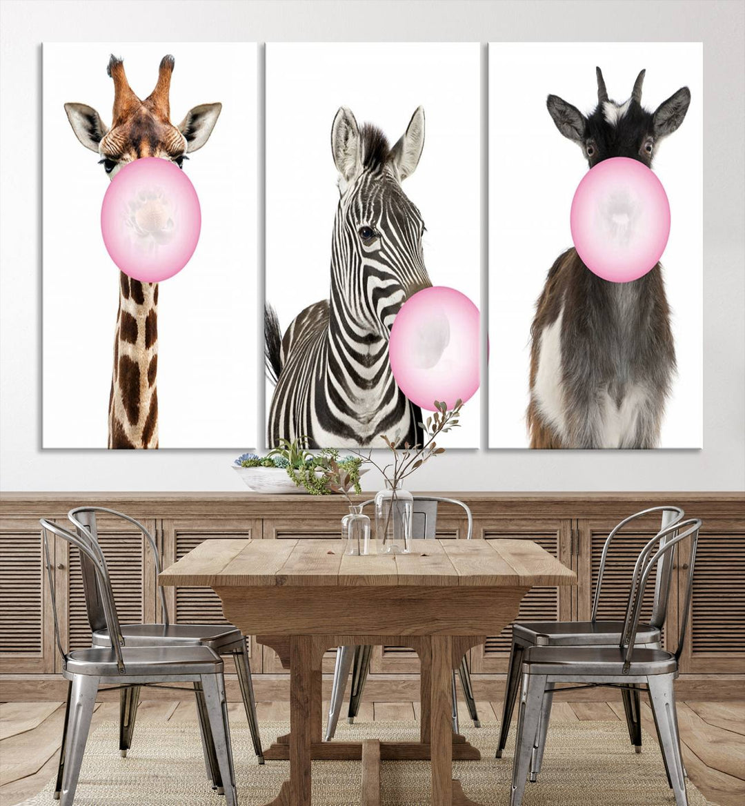 Animales divertidos, lienzo grande, arte de pared, cabra, cebra, jirafa, impresión en lienzo, animales lindos con globos para decoración de habitación de niños