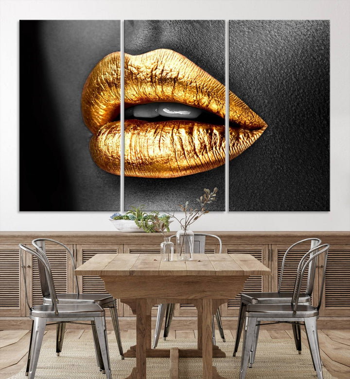 Gold Lips Canvas Wall Art Print Makeup Wall Art Fashion Beauty Canvas Print