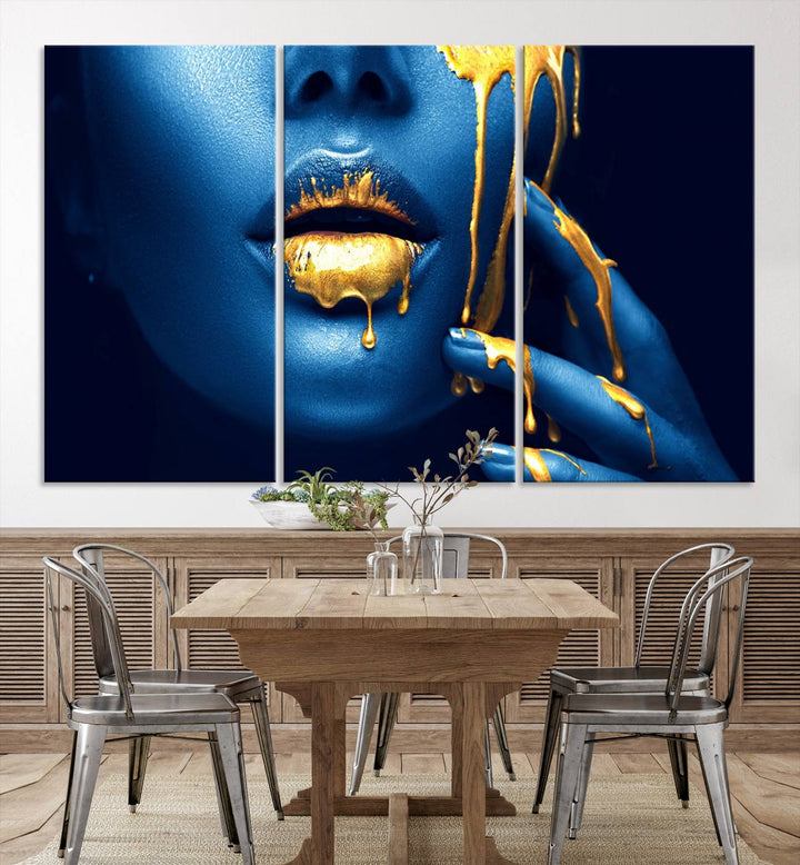 Neón Azul Oro Labios Sensual Fotografía Lienzo Pared Arte Impresión Moda Arte Belleza