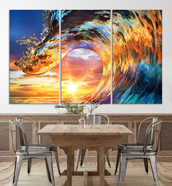 Wave Canvas Wall Art – Multi-Panel Sunset Ocean Scene – Bold and Vibrant Decor for Living Room or Office – Ready to Hang