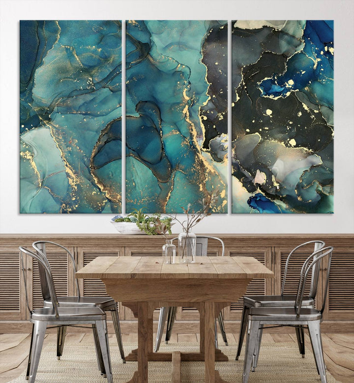 Green and Gold Marble Fluid Effect Wall Art Abstract Canvas Wall Art Print