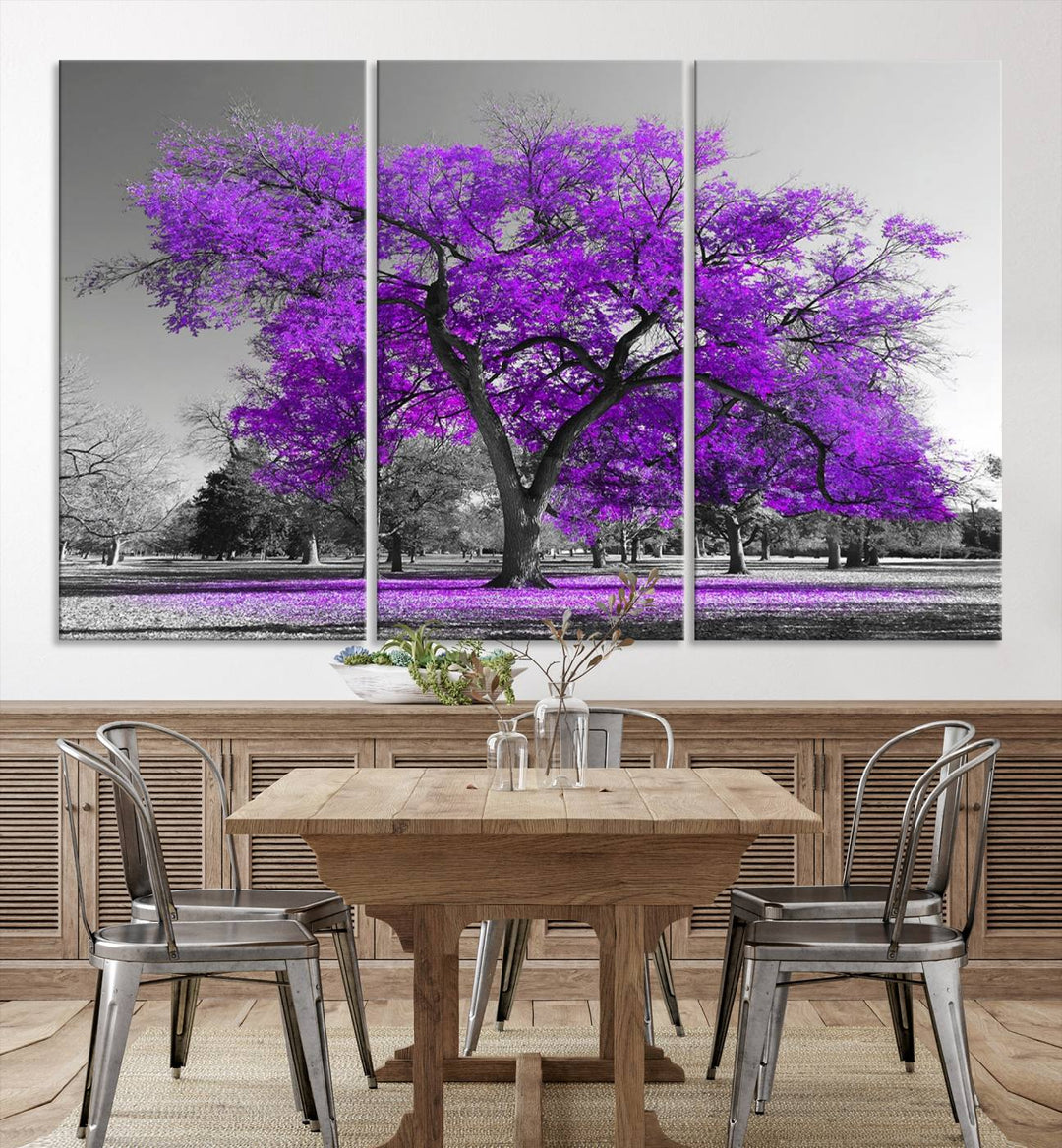 Gran árbol púrpura lienzo pared arte impresión negro blanco púrpura arte pintura lienzo grande