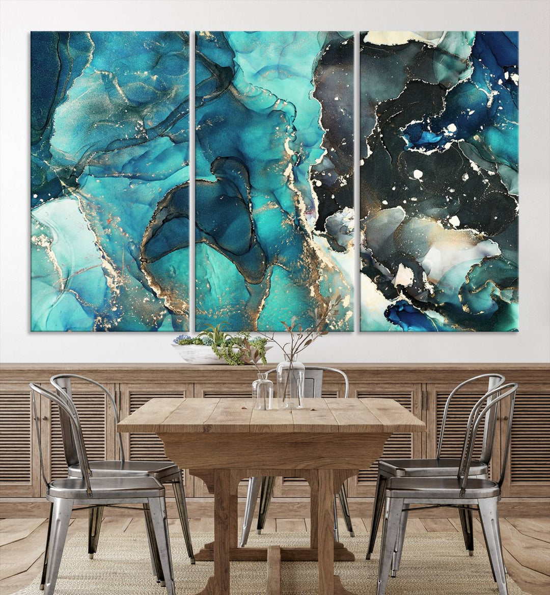 Stylish Teal Color Gold Abstract Canvas Wall Art Print