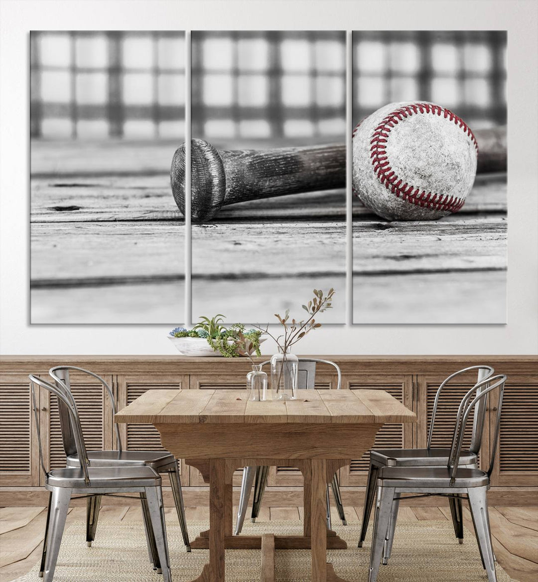 Lienzo de béisbol vintage para pared, impresión de béisbol, arte imprimible, arte retro, deportes, arte de pared, impresión en lienzo grande, varias piezas enmarcadas listas para colgar, juego de 3 paneles de lienzo, fotografía en blanco y negro