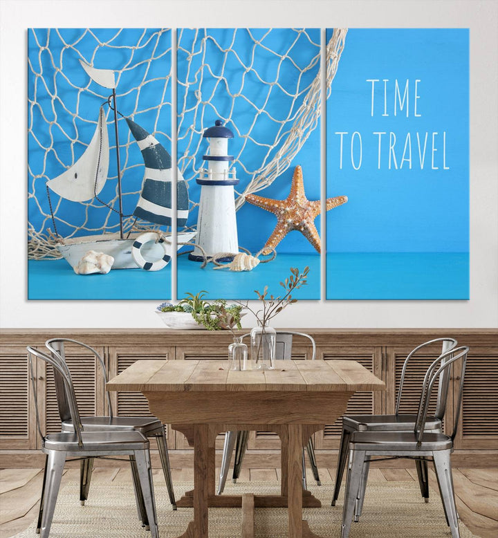 Sailing Boat Starfish and Lighthouse Wall Art Canvas Print