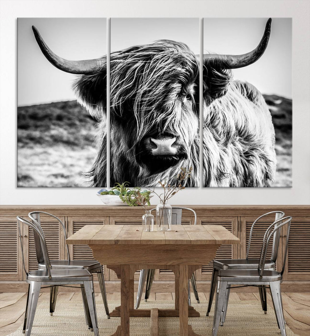 Highland Cow Wall Art | 3-Panel Black and White Highland Cow Canvas Print for Western Farmhouse Decor | Large Framed Giclee Canvas for Living Room