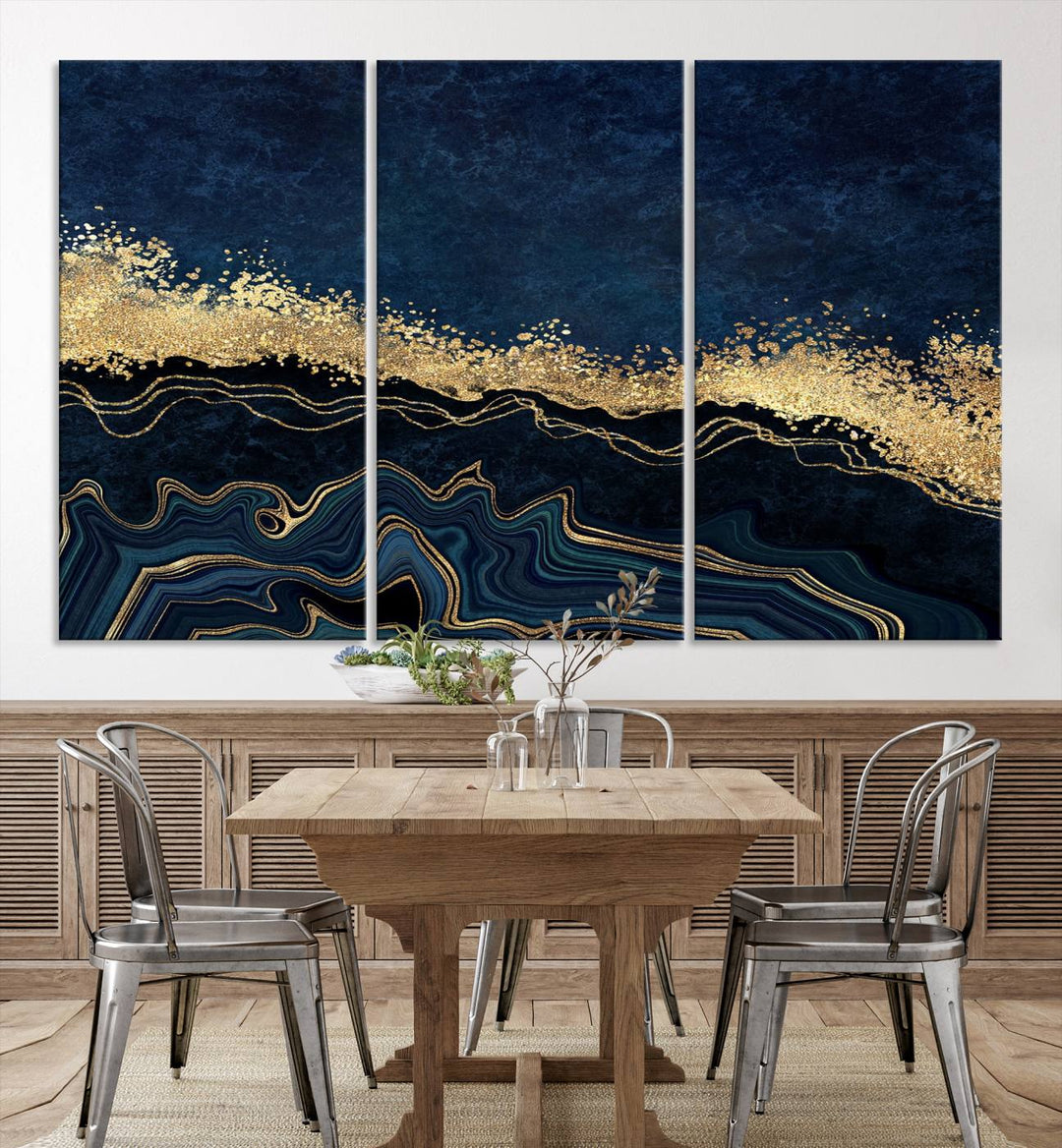 Navy Blue Marble Fluid Effect Large Wall Art Modern Abstract Canvas Wall Art Print