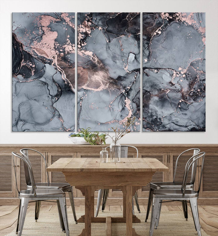 Gray and Rose Gold Marble Fluid Effect Wall Art Abstract Canvas Wall Art Print