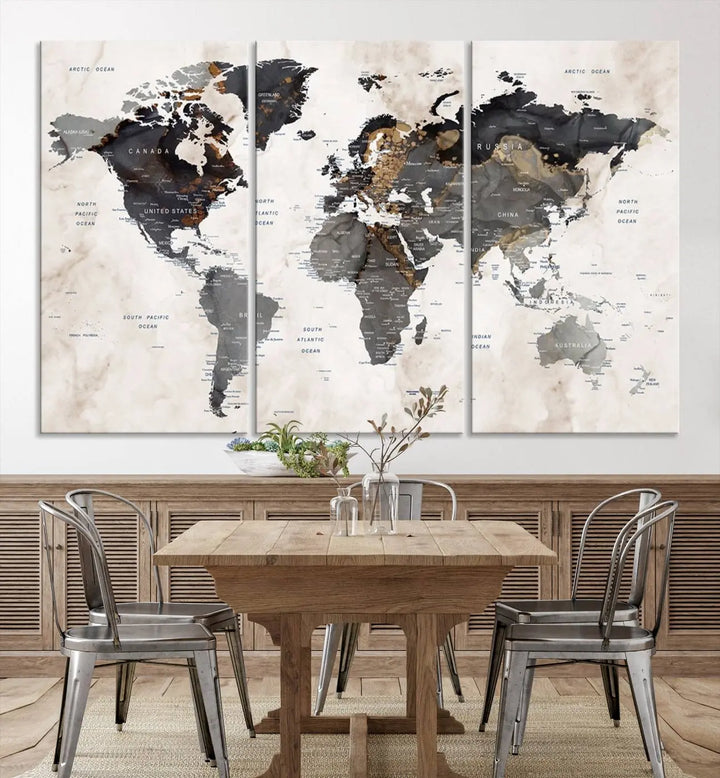 The dining room wall is adorned with the World Map Canvas Print – Earthy Triptych Wall Art, a vintage global map decor featuring dark continents.