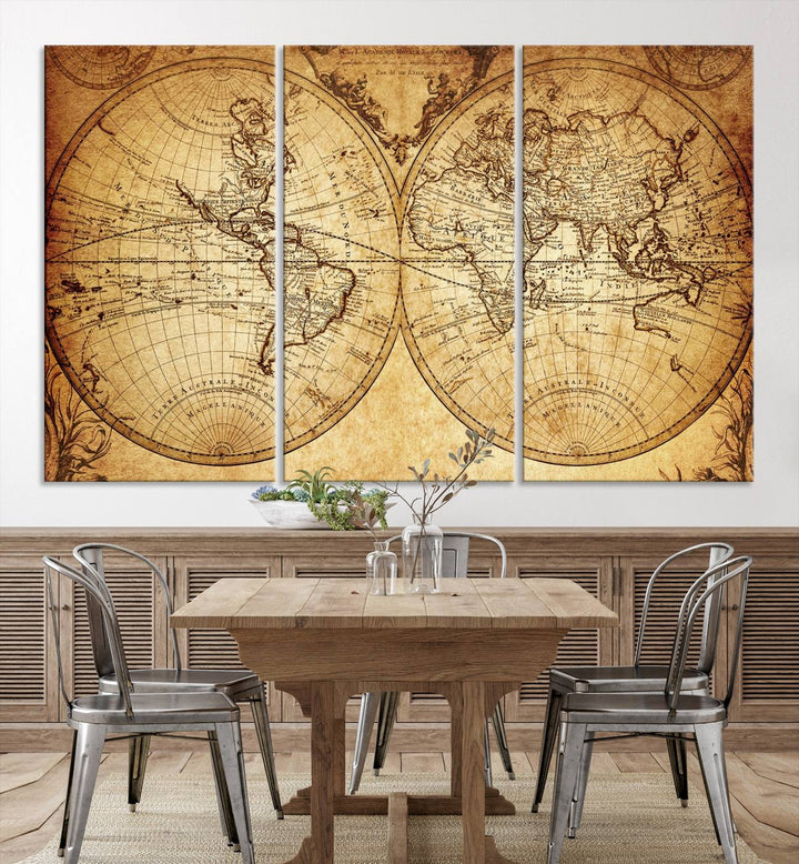 Vintage World Map Wall Art | 3-Panel Canvas Print for Living Room, Office, or Study | Giclee Canvas with Antique Design