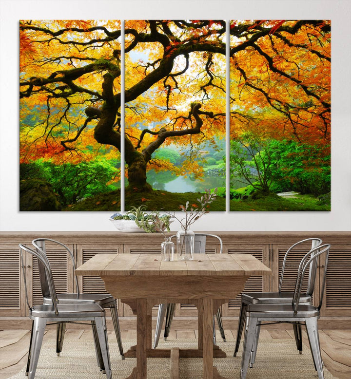 Portland Japanese Maple Tree Canvas Wall Art – Nature Landscape Print – Framed and Ready to Hang for Living Room or Office Decor