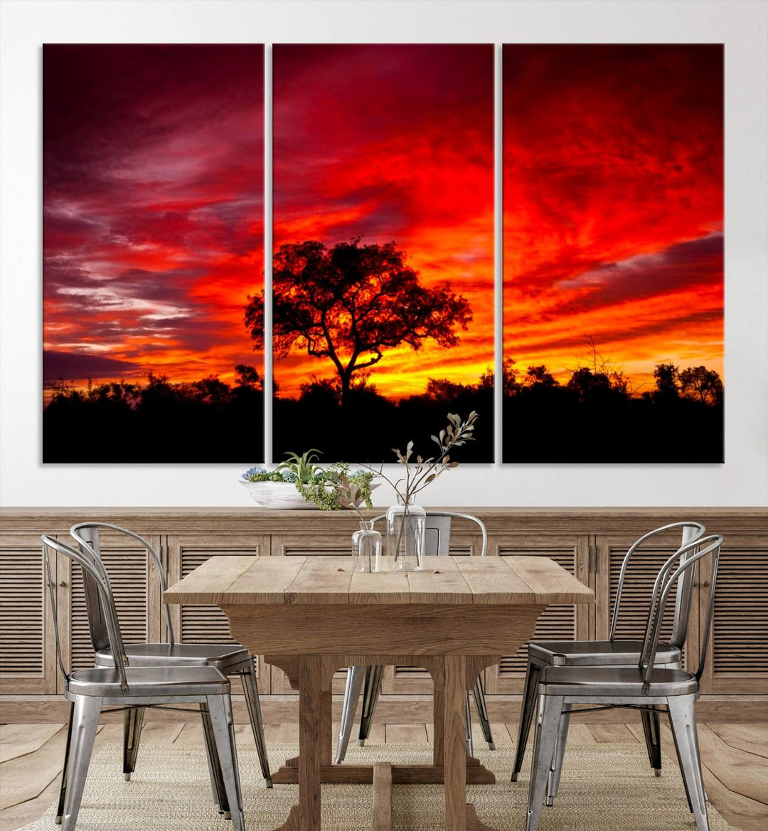 Red Sunset Landscape Artwork Printing, Forest Tree Wall Art Canvas Print