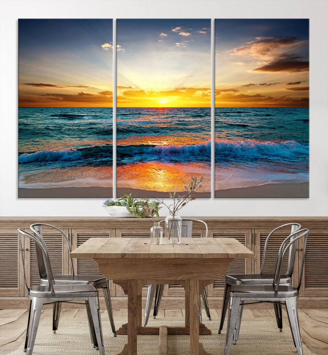 Vibrant Ocean Sunrise Over Golden Beach Waves, Giclee Canvas Wall Art Set, High-Quality Stretched Canvas Print, Ready to Hang Coastal Sunset Wall