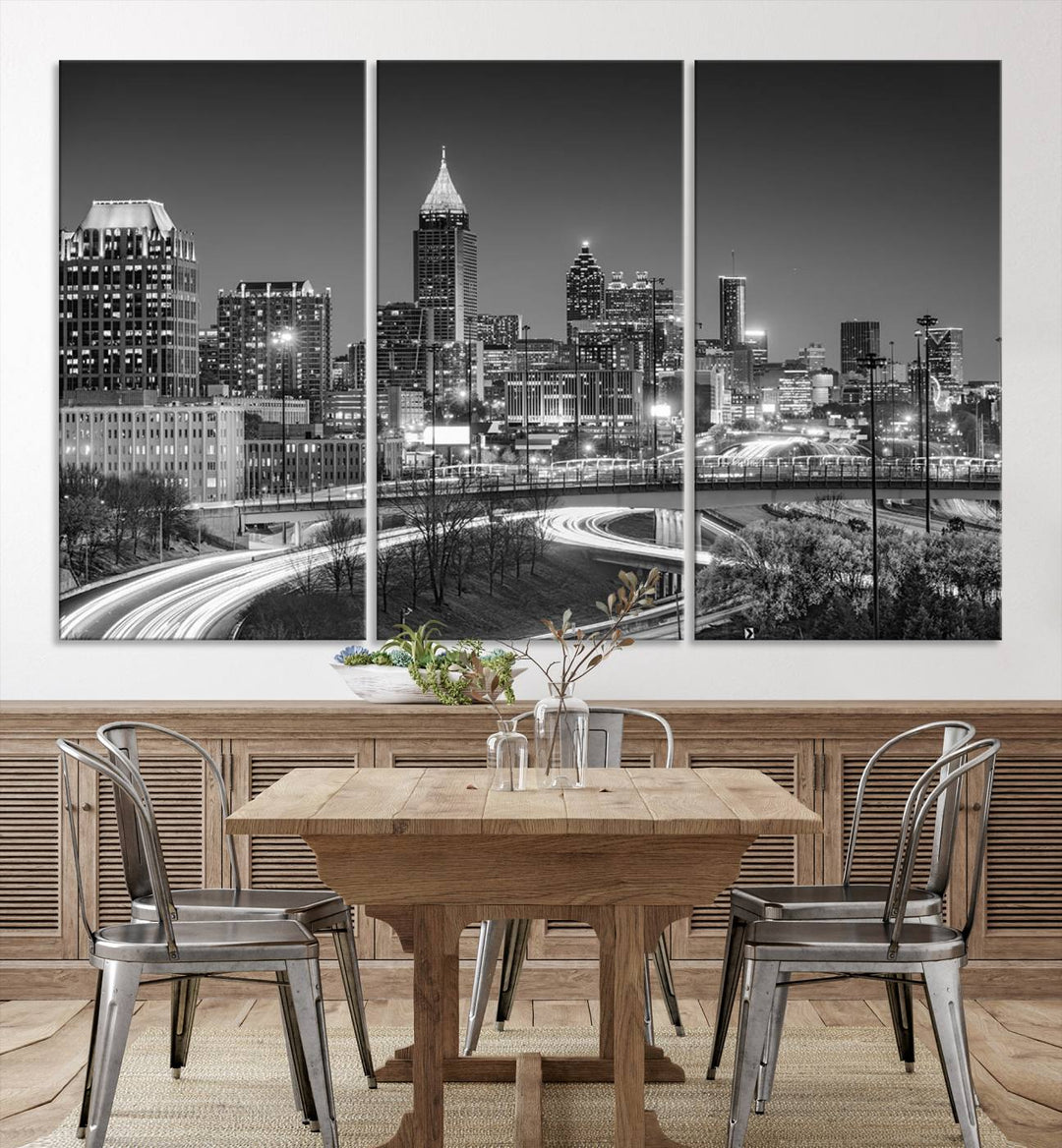 Atlanta City Lights Skyline Art mural noir et blanc Paysage urbain Impression sur toile