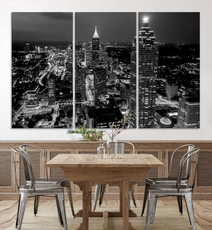 The Atlanta City Lights Skyline Black and White Wall Art Cityscape Canvas Print is elegantly displayed on the wall. These museum-quality canvases arrive ready to hang, making your art display both effortless and sophisticated.