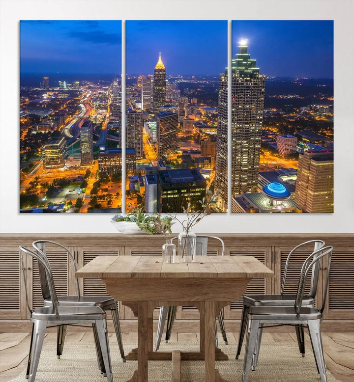 An elegant Atlanta City Blue Skyline Cityscape View Wall Art Canvas Print graces the wall, offering a sophisticated addition to your living space. Enjoy free shipping on this stylish piece.