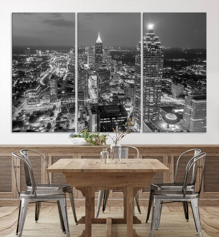 Atlanta City Skyline Art mural noir et blanc Paysage urbain Impression sur toile