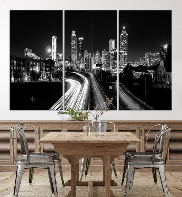 Atlanta City Lights Skyline Art mural noir et blanc Paysage urbain Impression sur toile