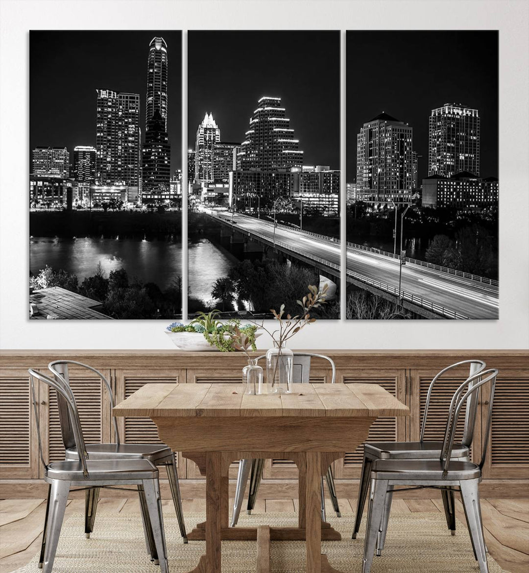 Austin City Lights Skyline Black and White Wall Art Canvas Print