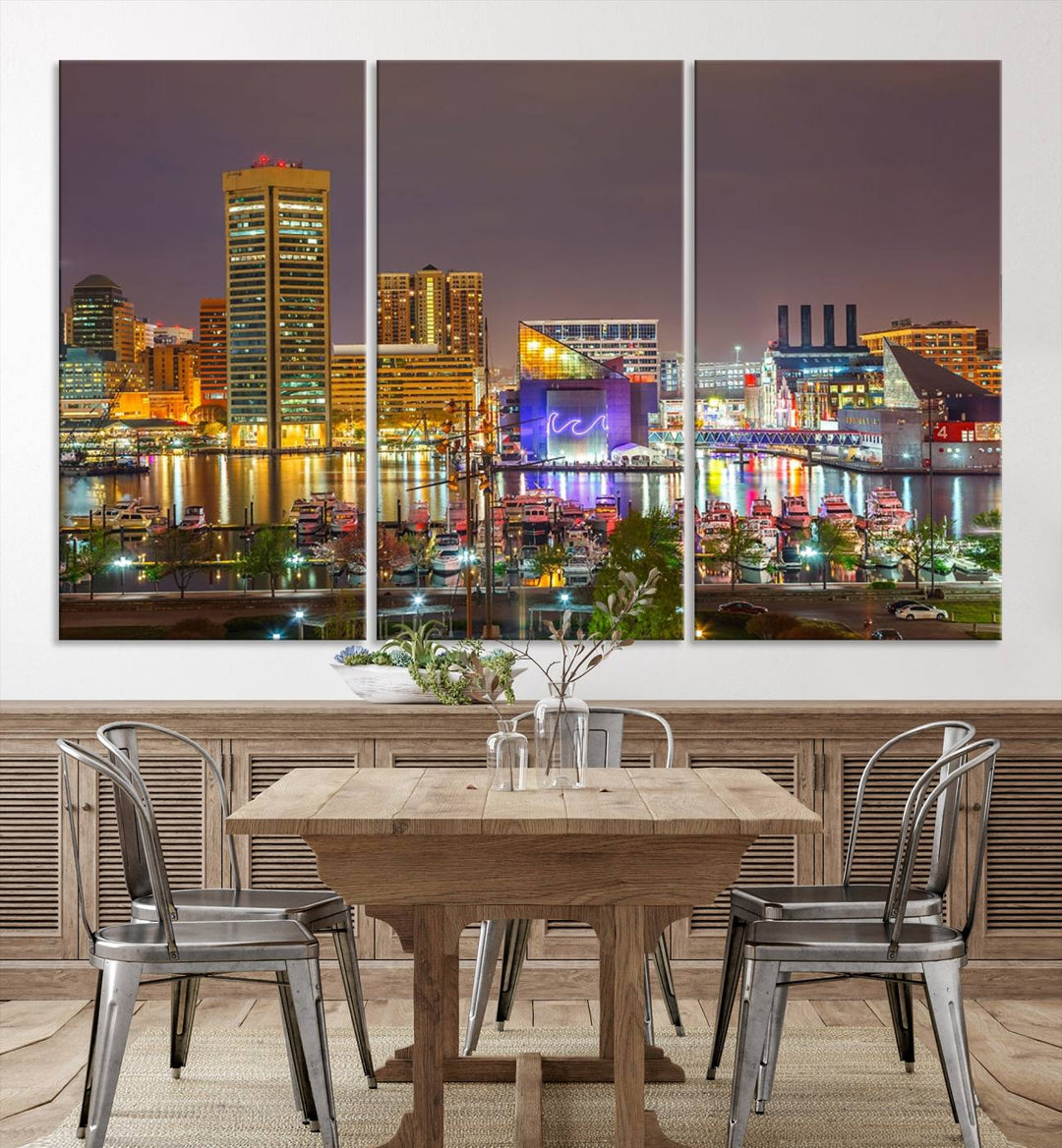 The Baltimore City Lights Night Skyline Cityscape View Wall Art Canvas Print is elegantly displayed on museum-quality canvas.