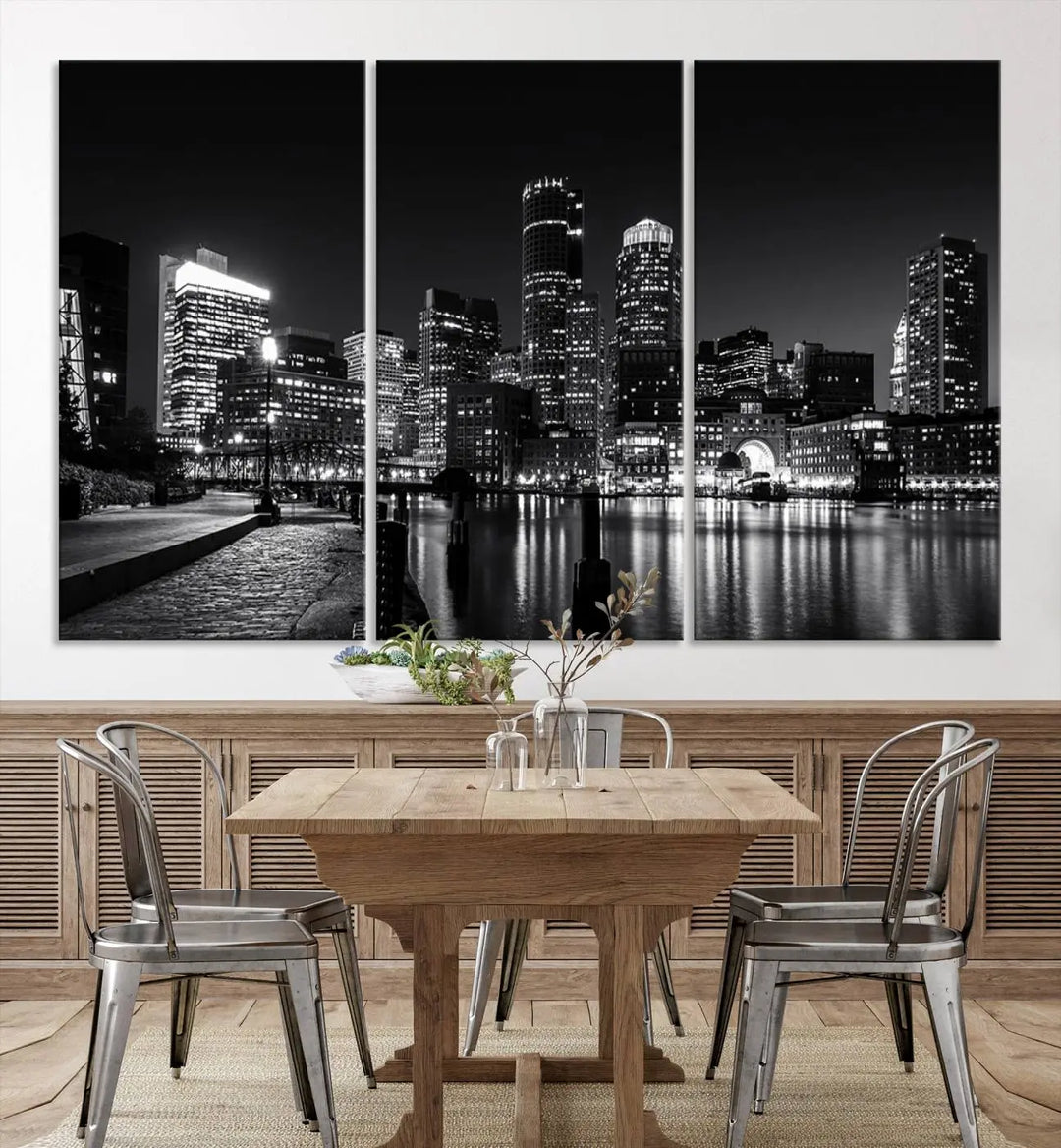 The living room showcases the Boston City Lights Skyline Black and White Wall Art Canvas Print.