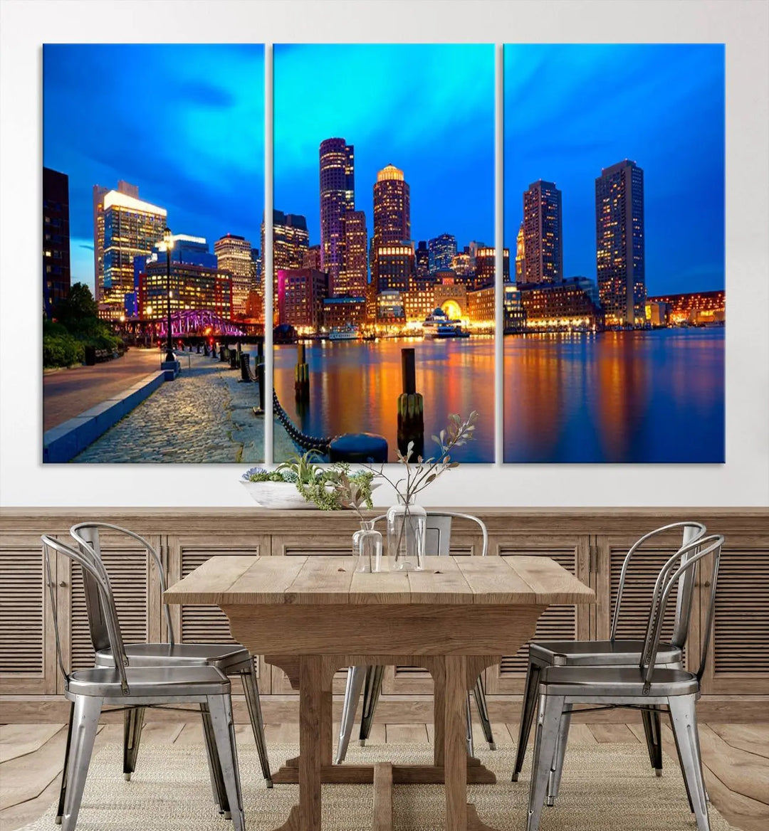 A triptych of the "Boston City Lights Night Blue Skyline Cityscape View Wall Art Canvas Print" adorns the wall. This museum-quality canvas artwork is ready to hang and includes a UV-protective coating for lasting brilliance.