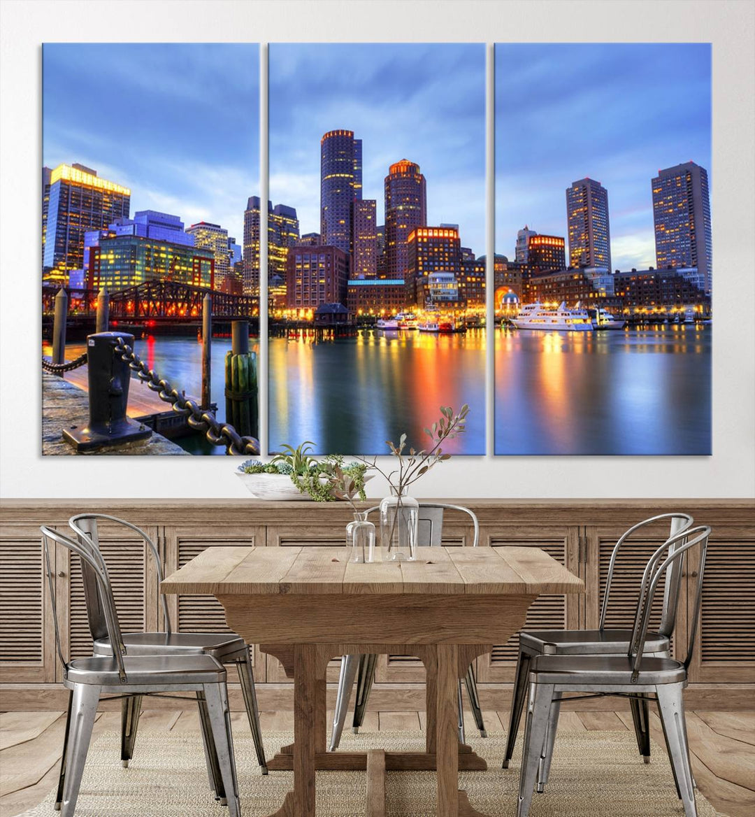 The Boston City Lights Sunset Cloudy Blue Skyline Cityscape View Wall Art Canvas Print embellishes a contemporary living room. This gallery-wrapped canvas set guarantees museum-quality canvases to enhance any space.