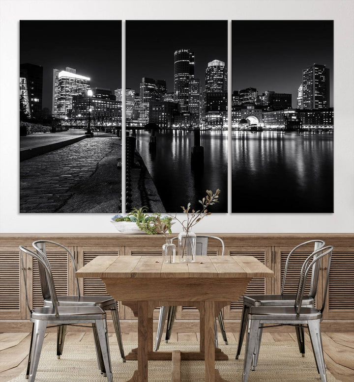 The Boston Lights Skyline Black and White Wall Art Cityscape Canvas Print, crafted with museum-quality canvas and UV-protective coating, serves as a striking triptych centerpiece in the living room.