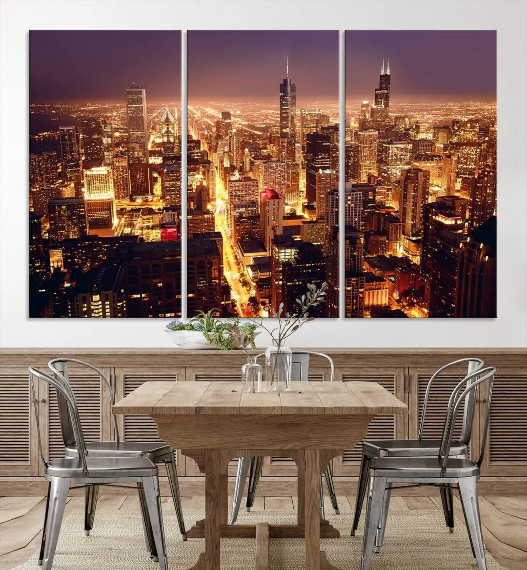 A large artwork showcasing the Chicago Night Skyline cityscape is elegantly displayed on a gallery-wrapped, museum-quality canvas.