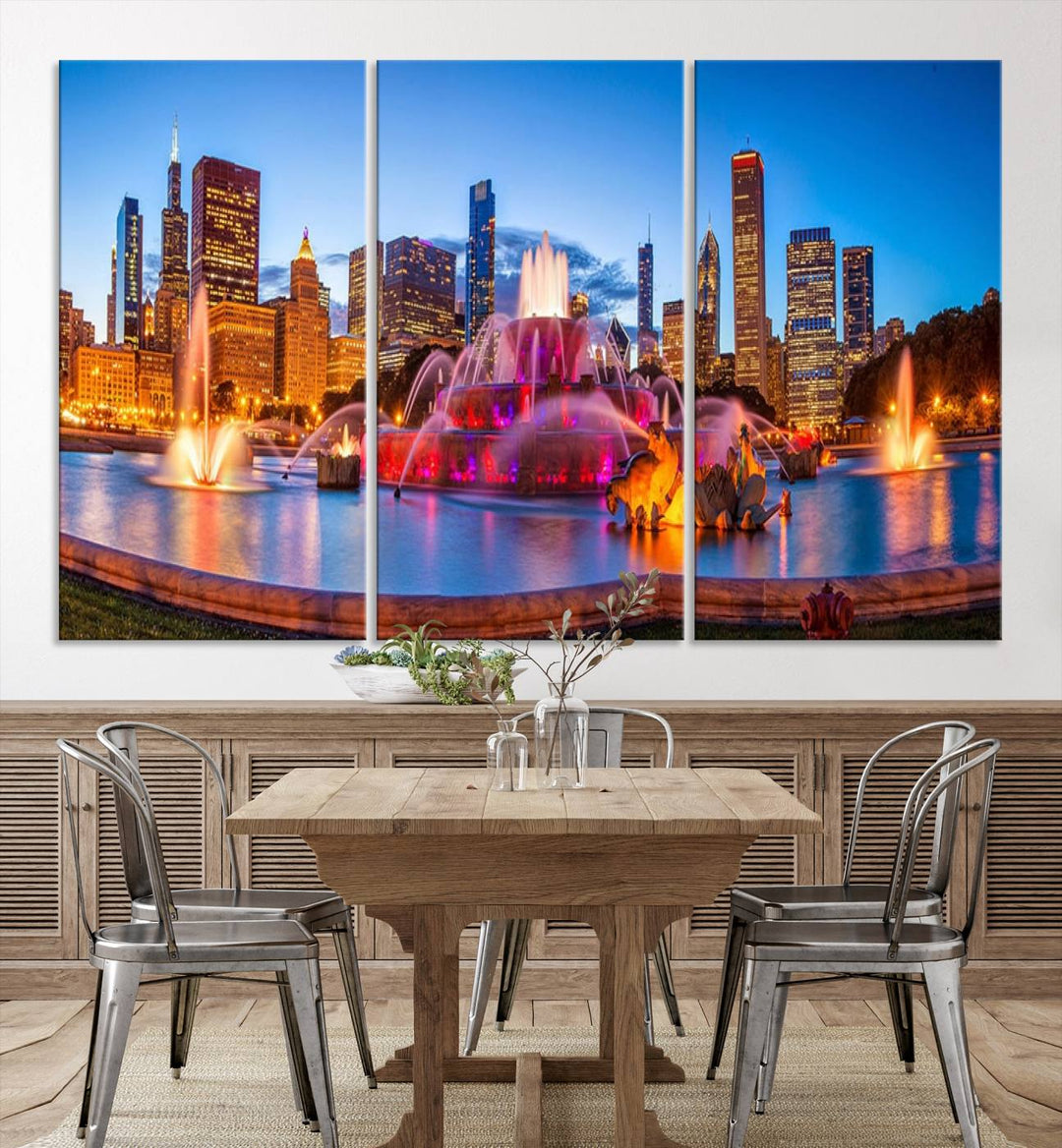 Chicago City Colorful Lights Night Skyline Cityscape View Wall Art Canvas Print