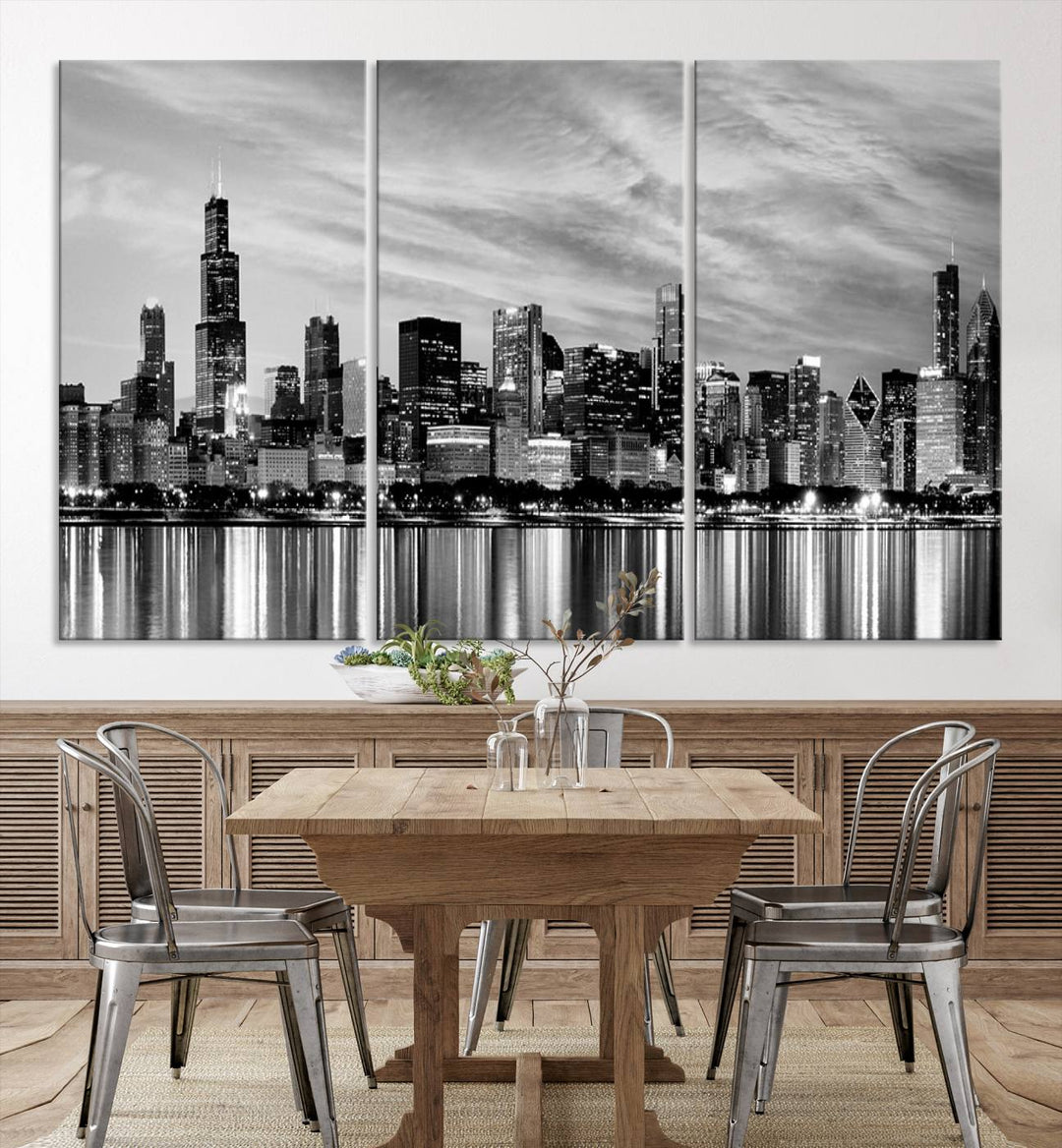 Chicago City Cloudy Skyline Black and White Wall Art Cityscape Canvas Print