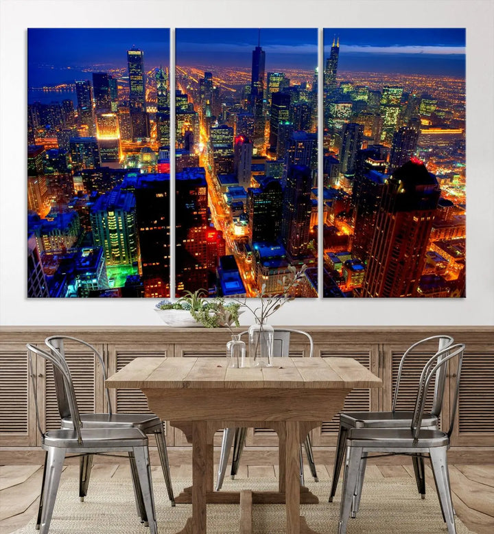 The "Chicago Night Skyline Wall Art" on museum-quality canvas adds long-lasting appeal to the living room.