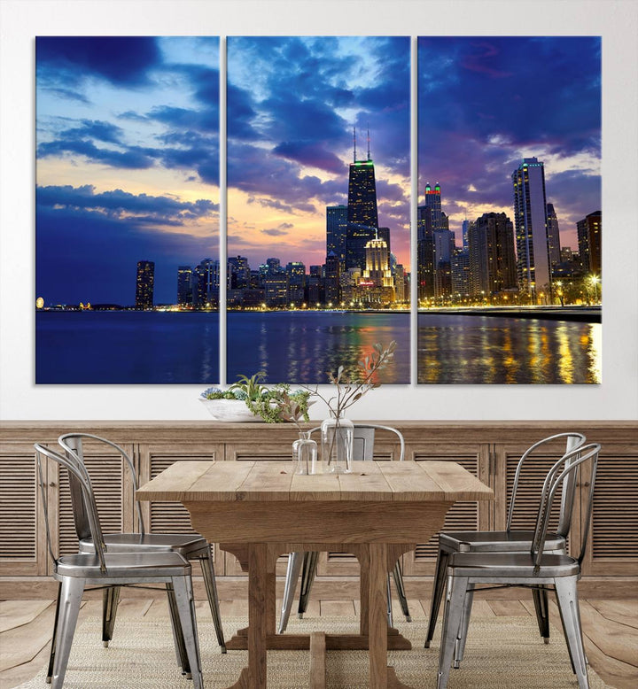 Chicago City Lights Night Cloudy Blue Skyline Cityscape View Wall Art Canvas Print