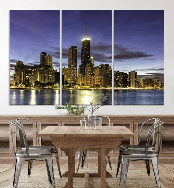 Chicago Night Skyline Cityscape Canvas Picture Print is a stunning three-panel wall art piece, perfect for adding sophistication to any setting. Crafted by professional artisans, this artwork features museum-quality canvases designed to enhance your space. Enjoy free shipping with your purchase.