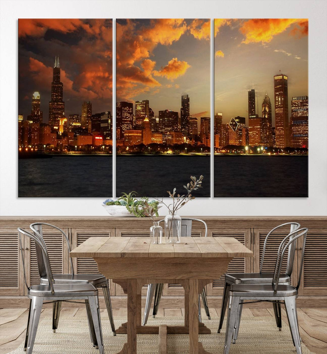 Chicago City Lights Sunset Orange Cloudy Skyline Cityscape View Wall Art Canvas Print