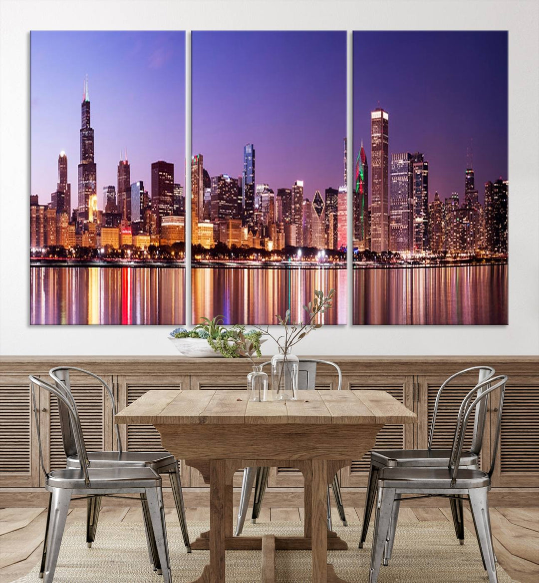 Chicago City Lights Night Purple Skyline Cityscape View Wall Art Canvas Print